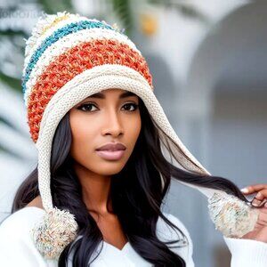 Cute Warm Knitted Striped With Pompoms Fleece Lined • Ski Hat